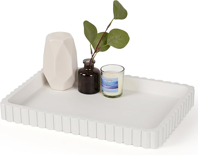 Concrete Decorative Tray for Coffee Table Decor, 14" Coffee Table Tray Ottoman Tray Table Centerpieces, Rectangular Modern Decorative Trays for Home Decor, Living Room, Entry, White