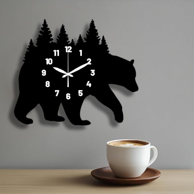 CHGCRAFT Bear Carrying Forest Pattern Wall Clock 15.2 Inch Wood Grain Non-Ticking Irregular Shape Clocks Wall Hanging Clock Battery Operated for Bedroom Living Room Kitchen Office