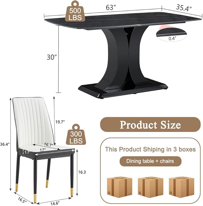 Modern Dining Table Set for 6, Marble Kitchen Table Chair Set for 6, Rectangular Kitchen Table with 6 Pu Leather Upholstered Chair for Dining Room
