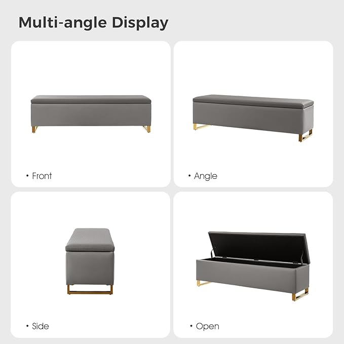 EcoHarbor Living Storage Ottoman Bench with Throw Ottomans, Modern End of Bed Bench, Upholstered Footrest Stool with Gold Legs for Living, Bedroom, Entryway and Hallway(Grey 60inch)