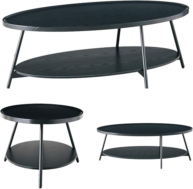 AGV Oval Coffee Table with Shelf Storage, 2-Tier Black Wood Finish Center Table for Living Room, Modern Asymmetrical Metal Legs, Raised Edge Sofa Table