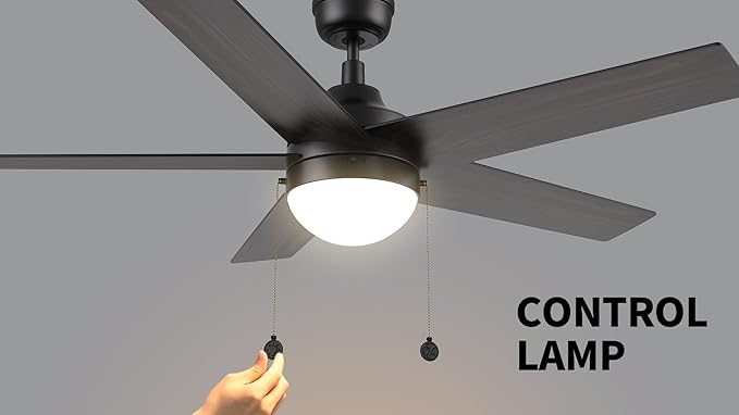CEME 52" Ceiling Fan with Light Low Profile, DC 5 Speeds Silent Ceiling Fan with Remote, 5 Dual Finish Blades, 3 Light Colors Dimmable LED for Bedroom Room, Black
