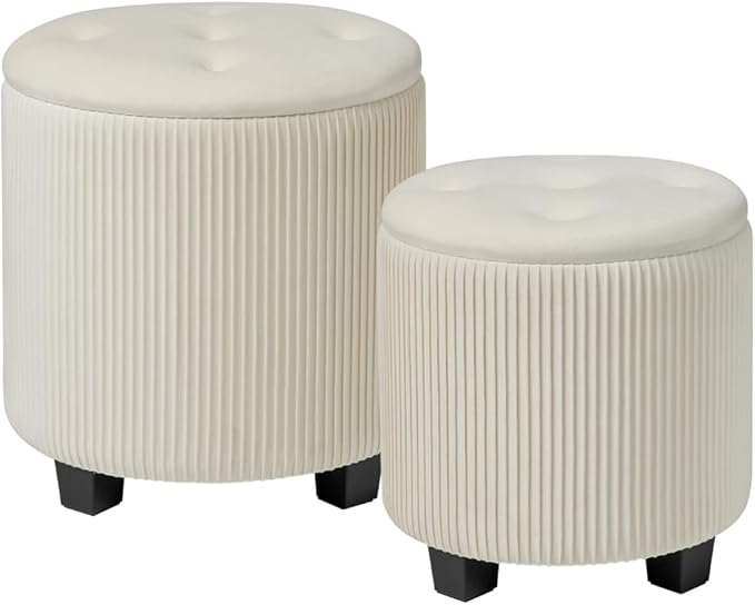 Round Ottoman with Storage Set of 2-Upholstered Sherpa Vanity Stool for Makeup Multifunctional Ottomans Coffee Table Padded Seat Foot Rest (Engineered Wood, Large White)