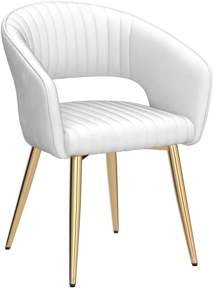 Modern Velvet Dining Chairs Set of 4, Upholstered Gold Dining Room Chairs with Hollow Back, Accent Armrest Kitchen Chairs with Gold Legs for Living Room Reception Beige