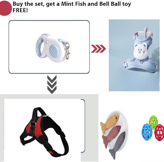 Retractable Leash with Harness Set – for Dogs & Cats, Includes a Free Mint Fish or Bell Ball Toy