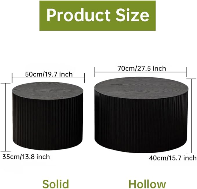 Round Nesting Coffee Table Set of 2, Round Fluted Coffee Tables for Living Room Modern Nesting End Side Tables for Small Spaces (D Black)