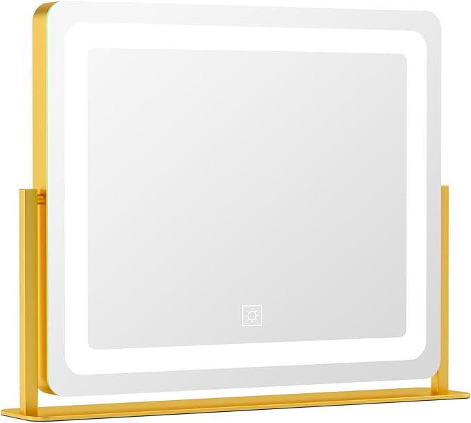 PRIMETEK Vanity Mirror with Lights, 22"x19" Large Makeup Mirror with Lights, Hollywood LED Lighted Makeup Mirror, Touch Sensor with 3-Color Lighting, Dimmable for Vanity Desk Tabletop, Bedroom, Gold