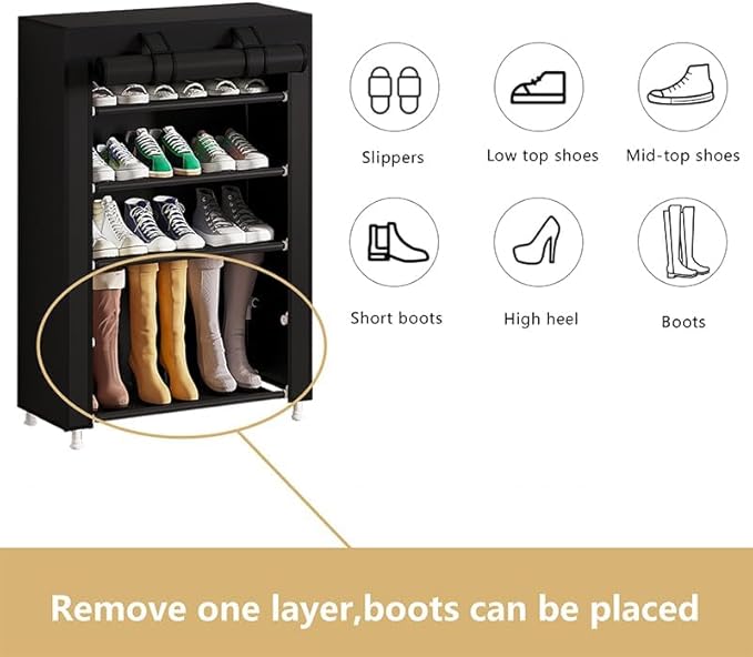 Calmootey 5 Tier Shoe Rack Organizer,Portable Shoe Shelf with Nonwoven Fabric Cover for Closet Hallway,Bedroom,Entryway,Black