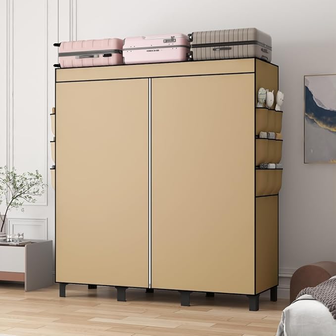 Portable Closet, Clothes Storage Box, Simple Wardrobe for Hanging Clothes, Multiple Shelves and 3 booms,6 Side Pockets (Black)” (Cream Colour, Large)