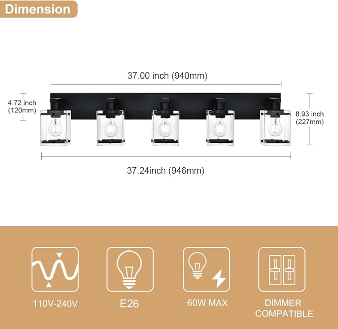 5-Light Modern Vanity Lighting, Black Bathroom Light Fixture Over Mirror with Rectangular Clear Glass,E26 Bulb Base