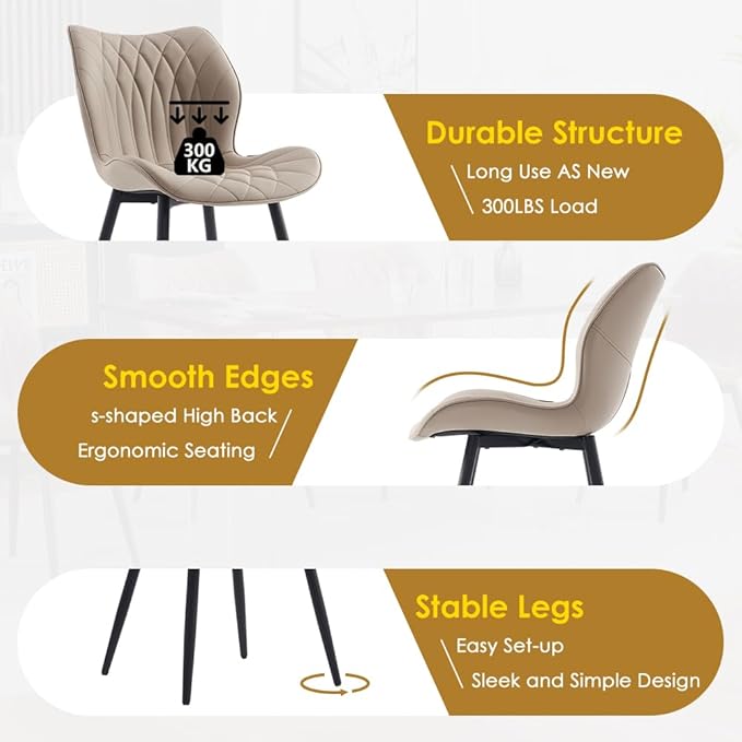 Kidol & Shellder Dining Chairs Set of 2 Modern Kitchen Chairs with Back Armless Accent Chairs for Living Room Upholstered Faux Leather Chair Mid Century Comfy Side Chair with Metal Legs, Khaki