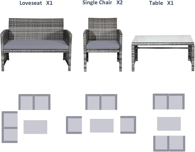 Tangkula 4 Pieces Patio Wicker Conversation Furniture Set, Patiojoy Sofa & Table Set w/4 Seats, Outdoor Rattan Sofa Set for Balcony Backyard, Wicker Chair Set with Tempered Glass Coffee Table