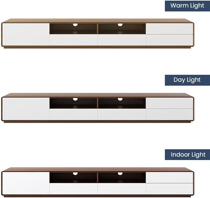 POVISON 94" Modern Wood White TV Stand, Lowline Media Console with 4 Drawers, Open Storage Cabinet, Walnut Veneer Fully-Assembled (TV Stand Only)