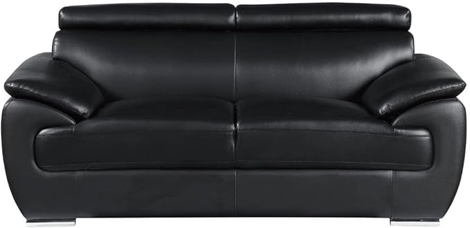 Blackjack Furniture 4571 Veal Collection Modern Genuine Leather Loveseat with Adjustable Headrest, Sturdy Wood Frame and Stainless Steel Legs, Stylish Living Room Love Seat, Black