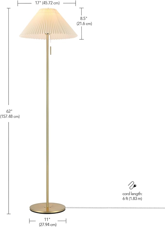 GLOBE Electric 61000176 62" Floor Lamp, Brass Finish, Metal, Pleated Fabric Shade, Flat Base, Pull Chain Switch on Socket, Reading Light, Office Accessories, House Decor