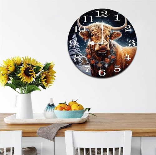 Cow with Christmas Wall Clock Large Silent Non-Ticking Battery Operated Modern Clocks for Living Room Decor/Bedroom/Office (10x10 in)