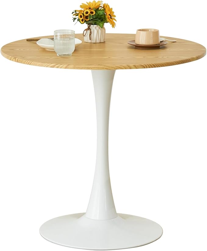 Round Dining Tulip Table for 4, Mid-Century Modern Table with Sturdy Metal Pedestal for Kitchen, Bistro, Cafe, Leisure (Faux Oak, 31.5 INCH)
