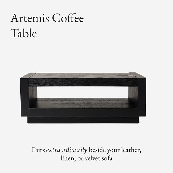 Maven Lane Artemis Coffee Table – 18 Inch Rectangle Table with Storage – Black Solid Wood – Ideal for Living Room and Lounge