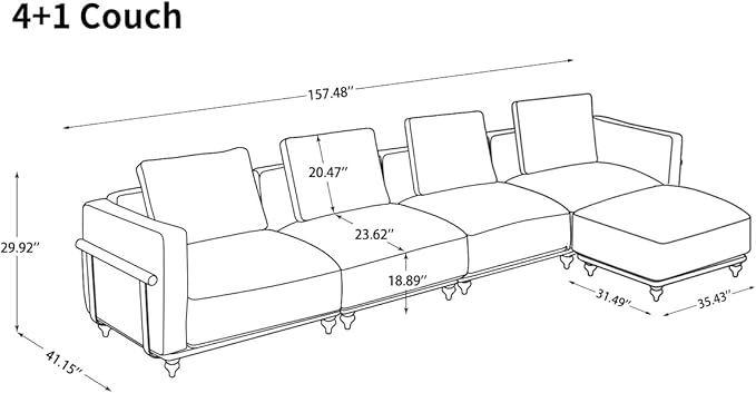 157.48" Modular Luxury Cloud Sectional Sofa with Ottoman, 70% Down-Filled Cushions, Removable Washable Ultra-Soft Linen Cover, Extra-Deep Seating, Solid Wood Armrests for Living Room