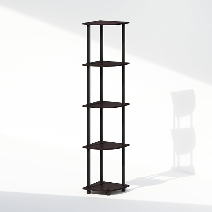 Furinno Turn-N-Tube Storage Shelves, 5-Tier Book Shelf, Corner Shelf, Toolless Open Shelves, for Organization and Storage, Living Room, Home Office, Hallway, Bedroom, Dark Walnut