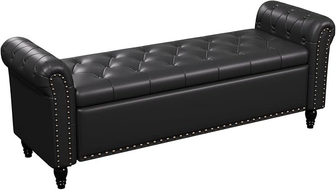 65 Inch Bedroom Bench, End of Bed Bench with Storage, Bed Benches for Foot of Bed, Faux Leather Window Bench with Tufted Button and Nailhead Trim, Upholstered Storage Bench with Rolled Arms, Black