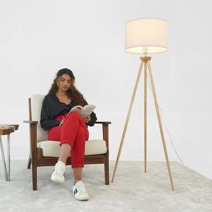 Floor Lamp with Off-White Fabric Lampshade, Nordic Standing lamp, Wood Tripod Floor Lamp for Living Room, Bedroom, Office, Study Room