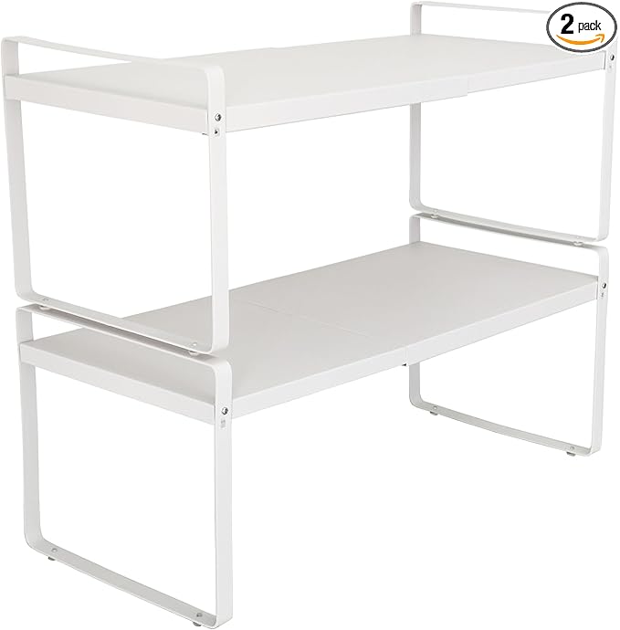 Set of 2 Expandable Cabinet Shelf Organizer, White Kitchen Countertop Shelves, Stackable Metal Pantry Storage Organizer for Cupboard, Spice Rack