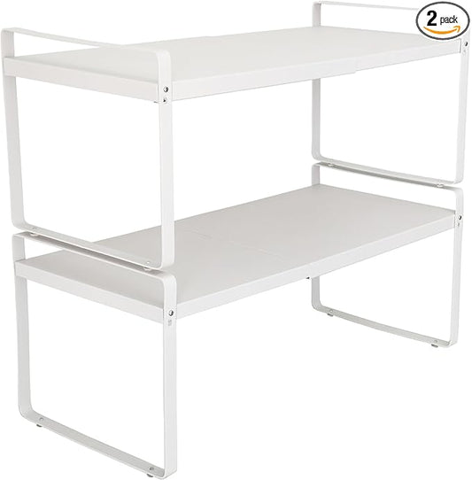 Set of 2 Expandable Cabinet Shelf Organizer, White Kitchen Countertop Shelves, Stackable Metal Pantry Storage Organizer for Cupboard, Spice Rack