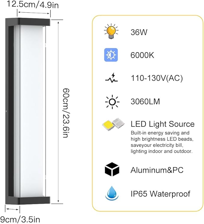 Sytmhoe 23.6in Outdoor Wall Lights 2Packs,10%-100% Dimming LED Modern Patio Wall Light Fixture, Black Exterior Sconce for Garage Courtyard Commercial House(6000K)