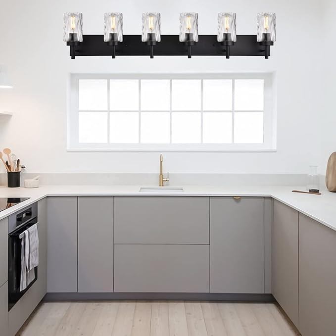 BONLICHT Transitional Bath Vanity Light Fixture 6 Light Black Wall Sconce Bathroom Lighting with Clear Hammered Glass, Industrial Farmhouse Metal Wall Mount Light for Kitchen Living Room Dining Room