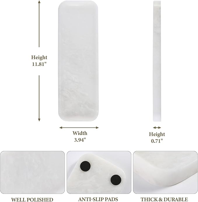 Koville Marble Tray for Bathroom Sink, 12"x4" Natural Stone Vanity Tray for Kitchen Dresser Countertop, Rectangular Decorative Marble Tray for Jewelry Perfume Trinket(White)