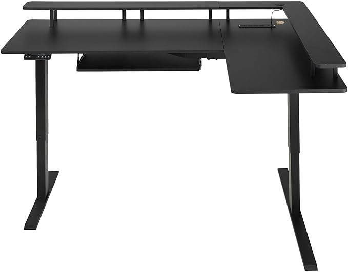 VEVOR L Shaped Desk, Electric Adjustable Height Corner Gaming Desk with Keyboard Tray and Dual Hooks, Heavy Duty L-Shaped Computer Table with Light Strip for Home Office, Easy to Assemble, Black