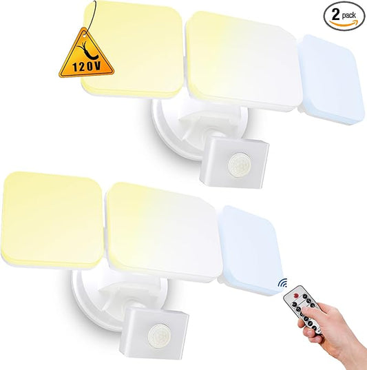 EMANER Outdoor Security Floodlight Waterproof, Remote Control, Motion Sensor or Stay On, Brightness Adjustable, Tunable White, 280W Equiv. 120V Motion Light for Yard Patio Porch (White, 2Pack)