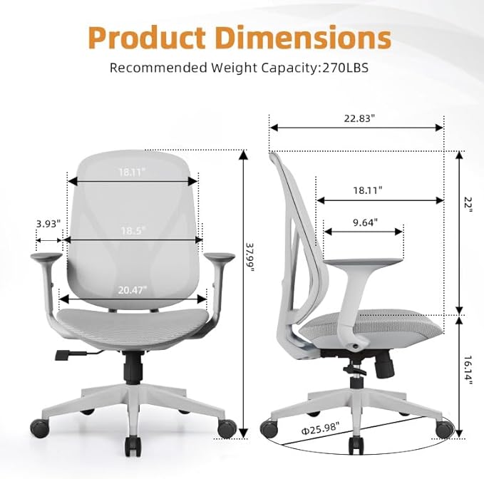 Mesh Office Chair – Ergonomic Office Chair with Lumbar Support, Adjustable Armrests & Sliding Soft Seat Cushion – Holds Up to 270lbs (Grey)