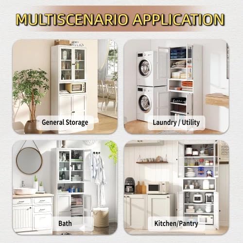 72'' Storage Cabinet, 4 Adjustable Shelves Kitchen Pantry with 2 Glass Doors, Tall White Metal Storage Cabinet with External Hooks, Modern Heavy-Duty Pantry for Kitchen Living Room