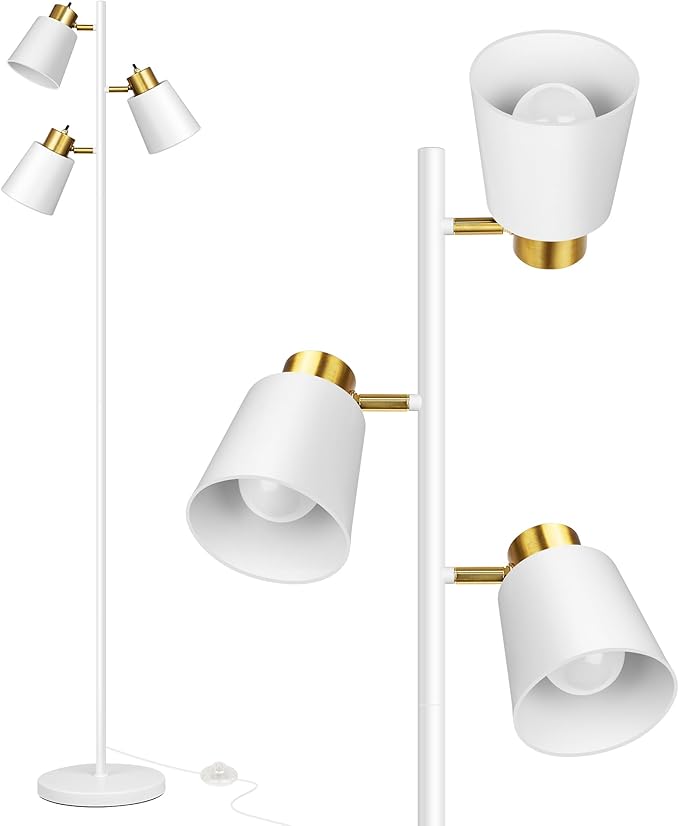 QiMH Tree Floor Lamps for Living Room, 67" Modern Standing Floor Lamp with 3 LED Bulb, Industrial Tall Lamp Reading Lighting for Bedroom Study Office Decor, 3 Rotatable Light Heads, White Gold