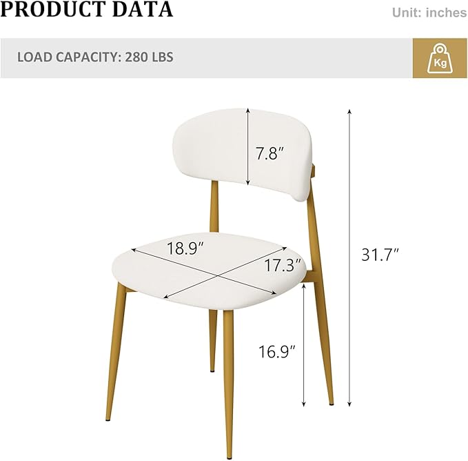 Velvet Dining Chairs Set of 2, Modern Kitchen Chairs with Curved backrests and Metal Legs, Upholstered Dining Chairs for Dining Room,White and Gold