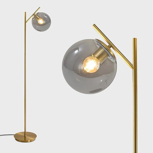 Farmhouse Floor Lamp Retro Smoky Gray Glass Standing Tall Lamps Vintage Brass Freestanding Floor Lamps Adjustable Globe Floor Lamp for Office Bedroom