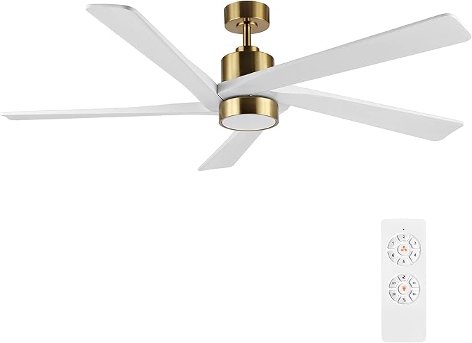 WINGBO 64 Inch DC Ceiling Fan with Lights and Remote Control, 5 Reversible Carved Wood Blades, 6-Speed Noiseless DC Motor, Modern Ceiling Fan in Brass Finish with White Blades, ETL Listed