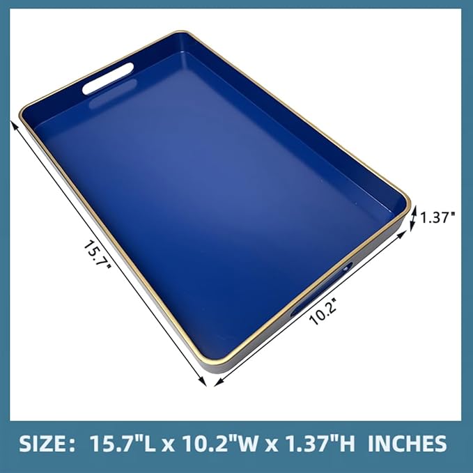 Navy Blue Serving Tray with Handles, Rectangular Decorative Tray for Coffee Table, Plastic Rectangular Tray for Ottoman, Living Room, Bathroom, Home Decor 15.7” x 10.2” x1.37”