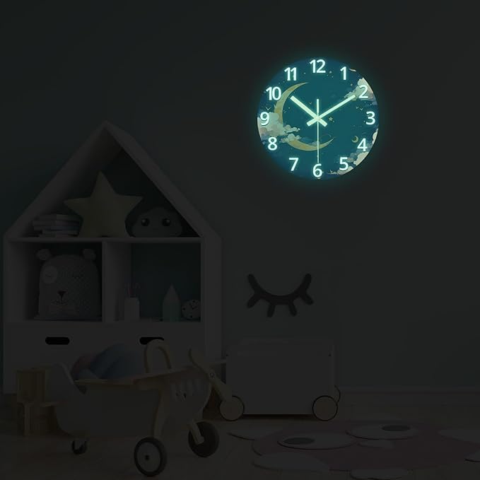 Moon Battery Powered Clock Analog 12 Inch Round Glow in The Dark Wall Clock for Kids Bedroom Small Wall Clock Silent