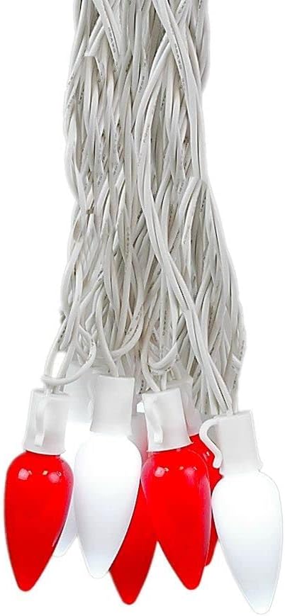 Novelty Lights 25 Feet 25 Light C9 Ceramic Style LED String Lights, Red/Pure White, Pre-Lamped Christmas Lights on White Wire, UL Listed Indoor/Outdoor, Connectable End-to-End