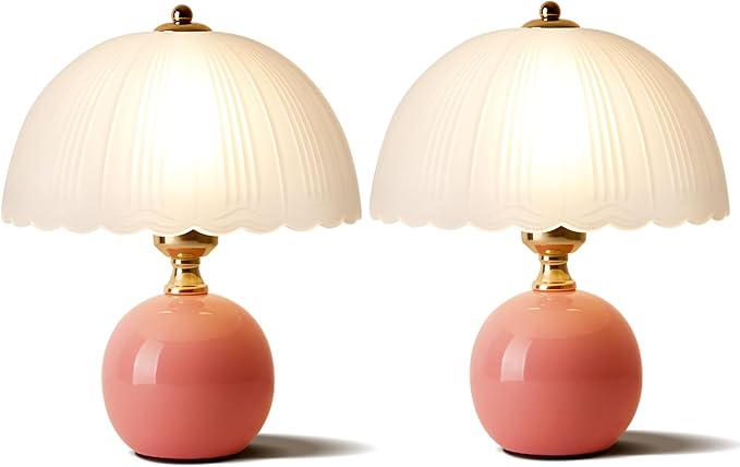 Ceramic Table lamp Set of 2, Modern Bedside Lamps Pink Mid Century Vintage Desk Lamp Retro Glass Mushroom Traditional Lamp for Nightstand Living Room Bedroom Home Decor (S05PK-2PACK)