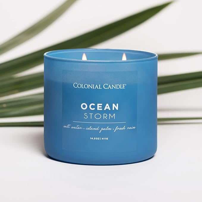 Colonial Candle Ocean Storm Scented Jar Candle, Pop of Color Collection, 3 Wick, Blue, 14.5 oz - Up to 60 Hours Burn