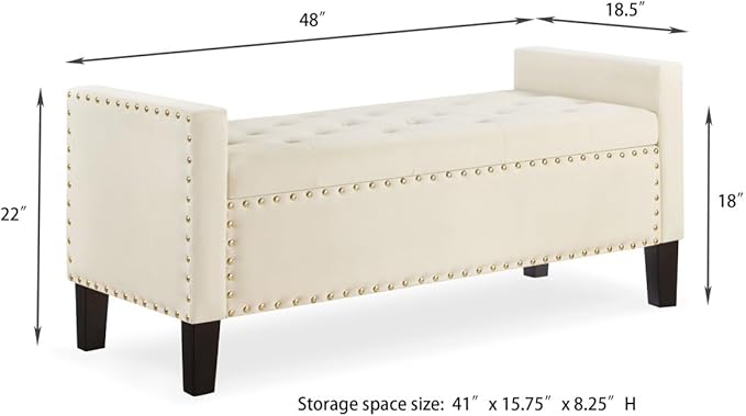 24KF Velvet Modern Upholstered Tufted Button Storage Bench with Arms for Bedroom,Entryway Living Room Soft Padded Seat-Cream