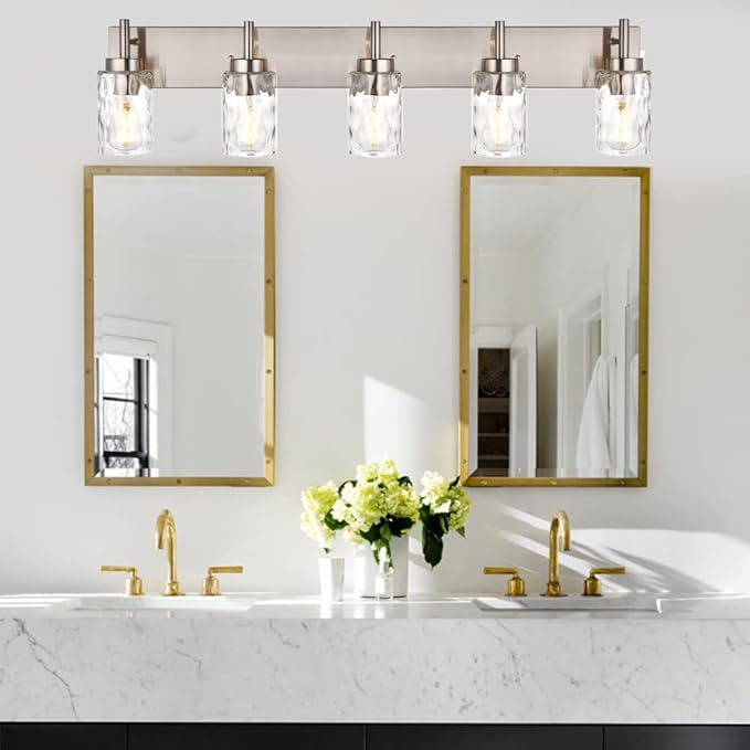 BONLICHT Transitional Vanity Lighting Fixtures Brushed Nickel with Clear Hammered Glass Shade,Farmhouse 5 Light Bathroom Lights Wall Sconces Contemporary Indoor Wall Mount Lights for Kitchen Sink