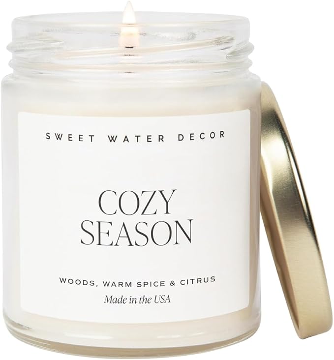 Sweet Water Decor Cozy Season Soy Candles - Fall Candles with Woods, Warm Spice, and Citrus Scent for Home Decor - Soy Candle with 40 Hours Burn Time - 9Oz Gold Lid Clear Jar Candles Fall Scents