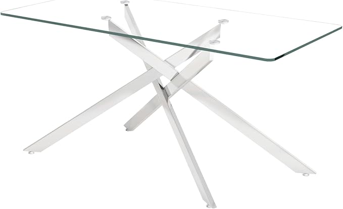 60" Glass Dining Table Modern Kitchen Table for 4-6 People, Contemporary Rectangular Dining Room Dinner Tables with Clear Glass Top & Silver Metal X Legs for Kitchen Apartment