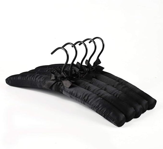 Black Satin Padded Sweater Hangers 5 Pack, Blouse Hanger with Thick & Soft Foam for Bridal Wedding Dress Lingerie, Smooth Silk Covered Shirt Hanger Without Shoulder Bump