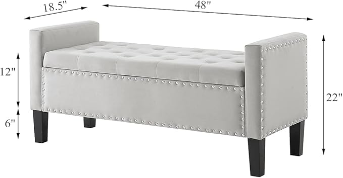 24KF Velvet Modern Upholstered Tufted Button Storage Bench with Arms for Bedroom,Entryway Living Room Soft Padded Seat -Gray